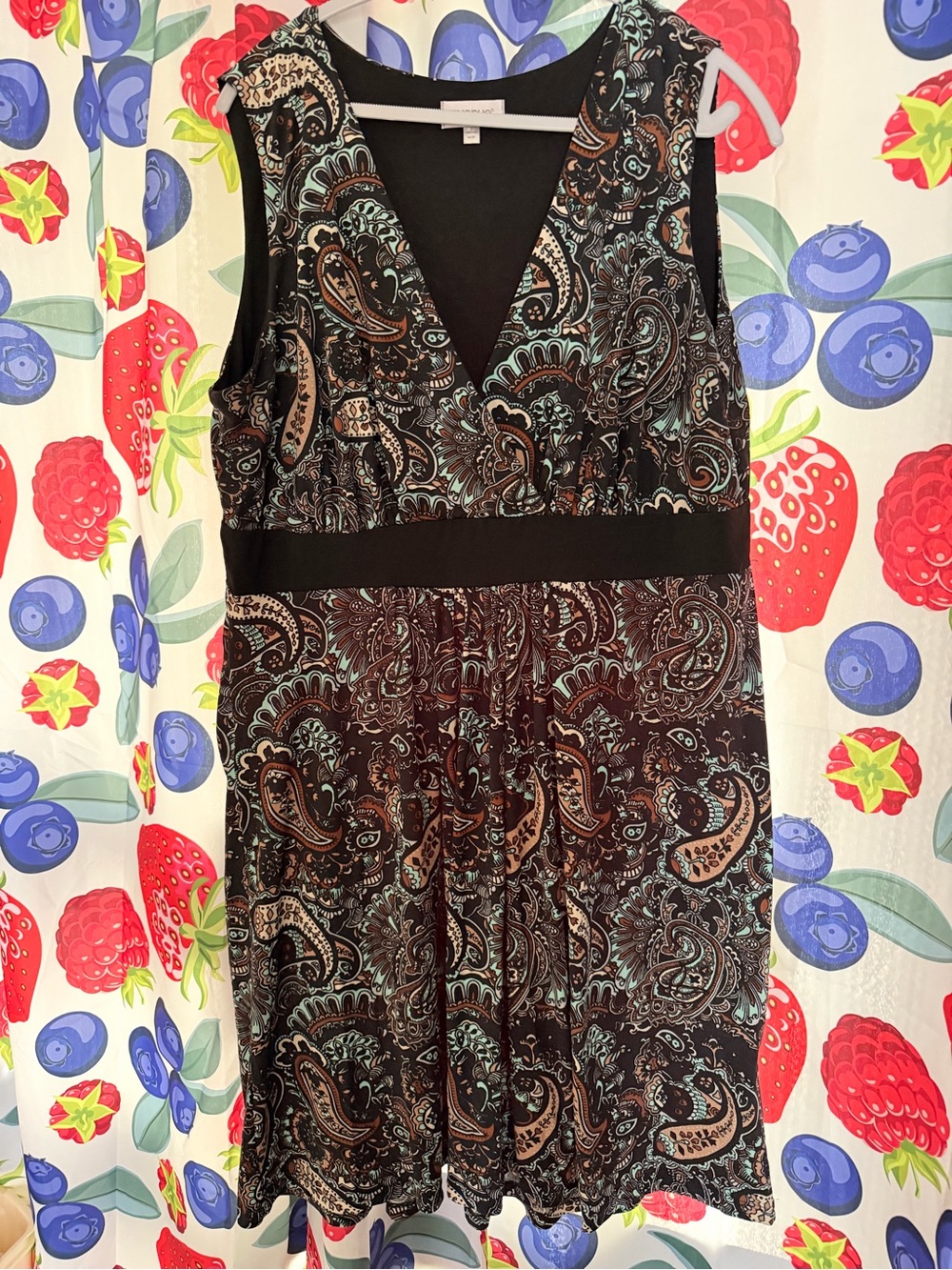 Avenue Paisley V-Neck Midi Dress in Black, Brown and Teal